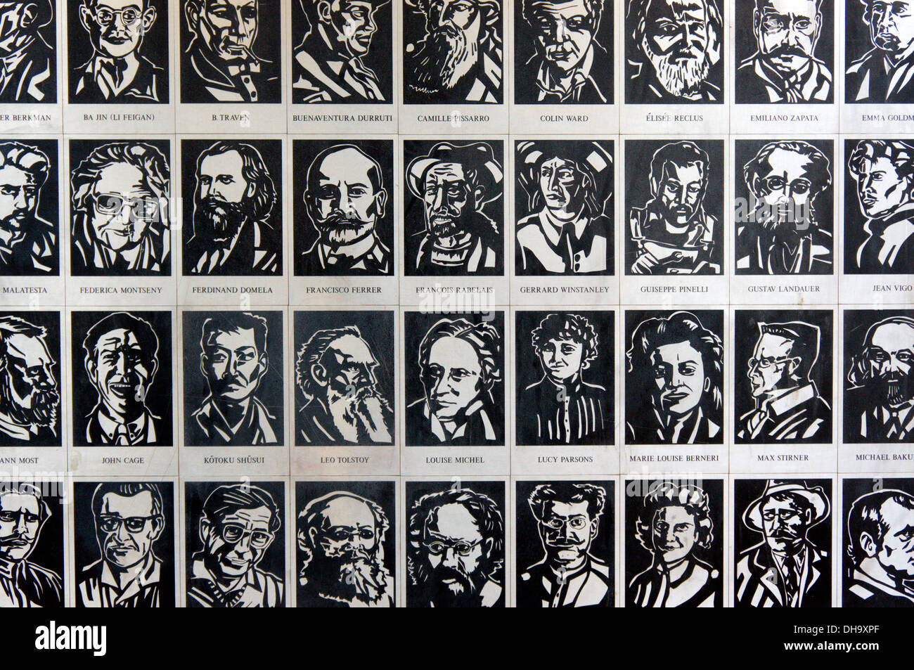 Tiles showing radical writers and artists on the wall of Freedom Press anarchist publishers and bookshop in Whitechapel. Stock Photo
