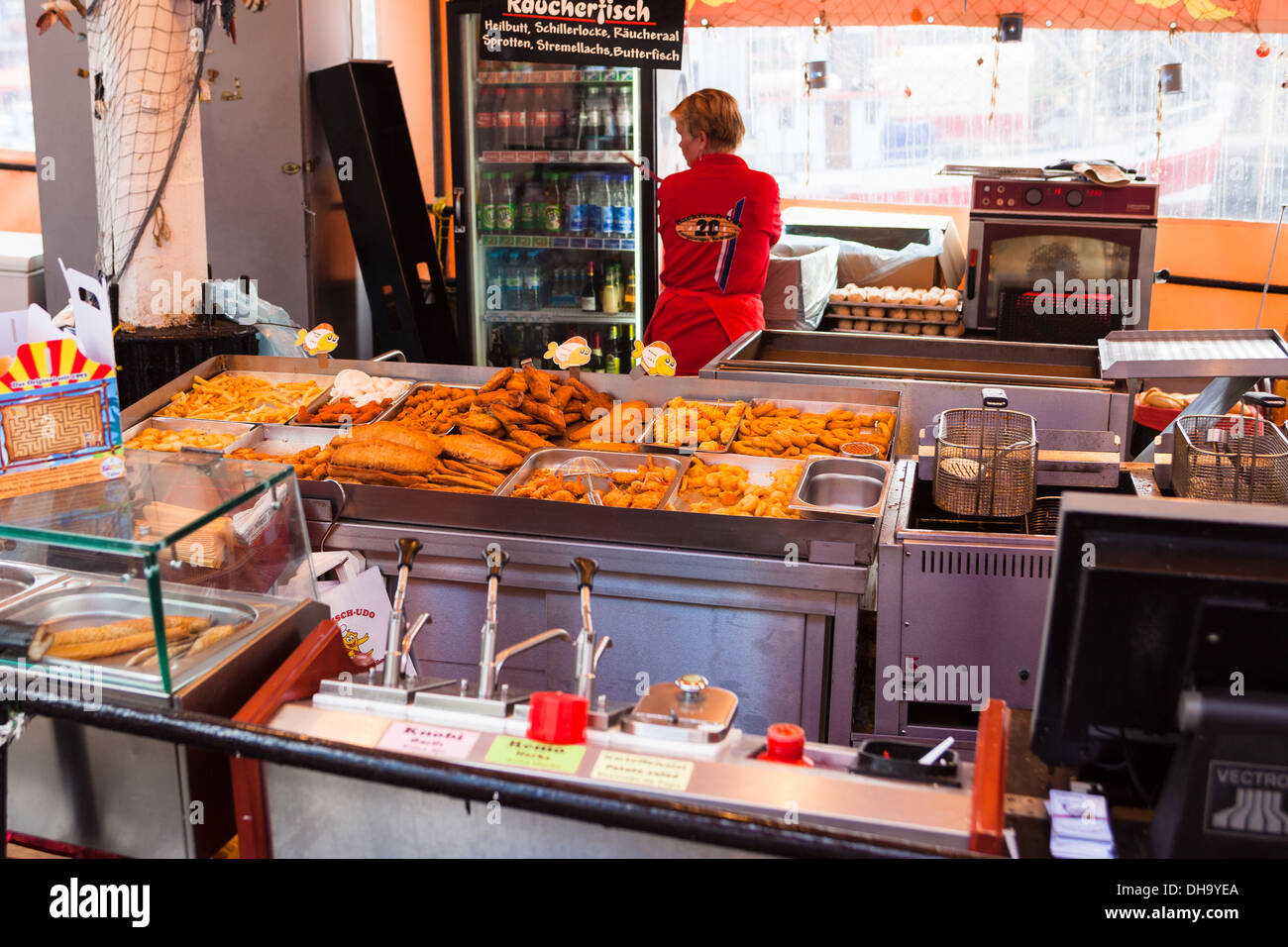 traditional Fish and chips shop on riverside boat. Warnemunde Rostock