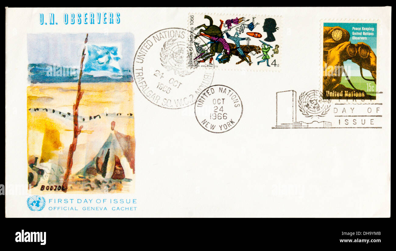 Official Geneva Cachet First Day Cover celebrating U.N. Observers with UN stamp and postmarked United Nations New York. Stock Photo