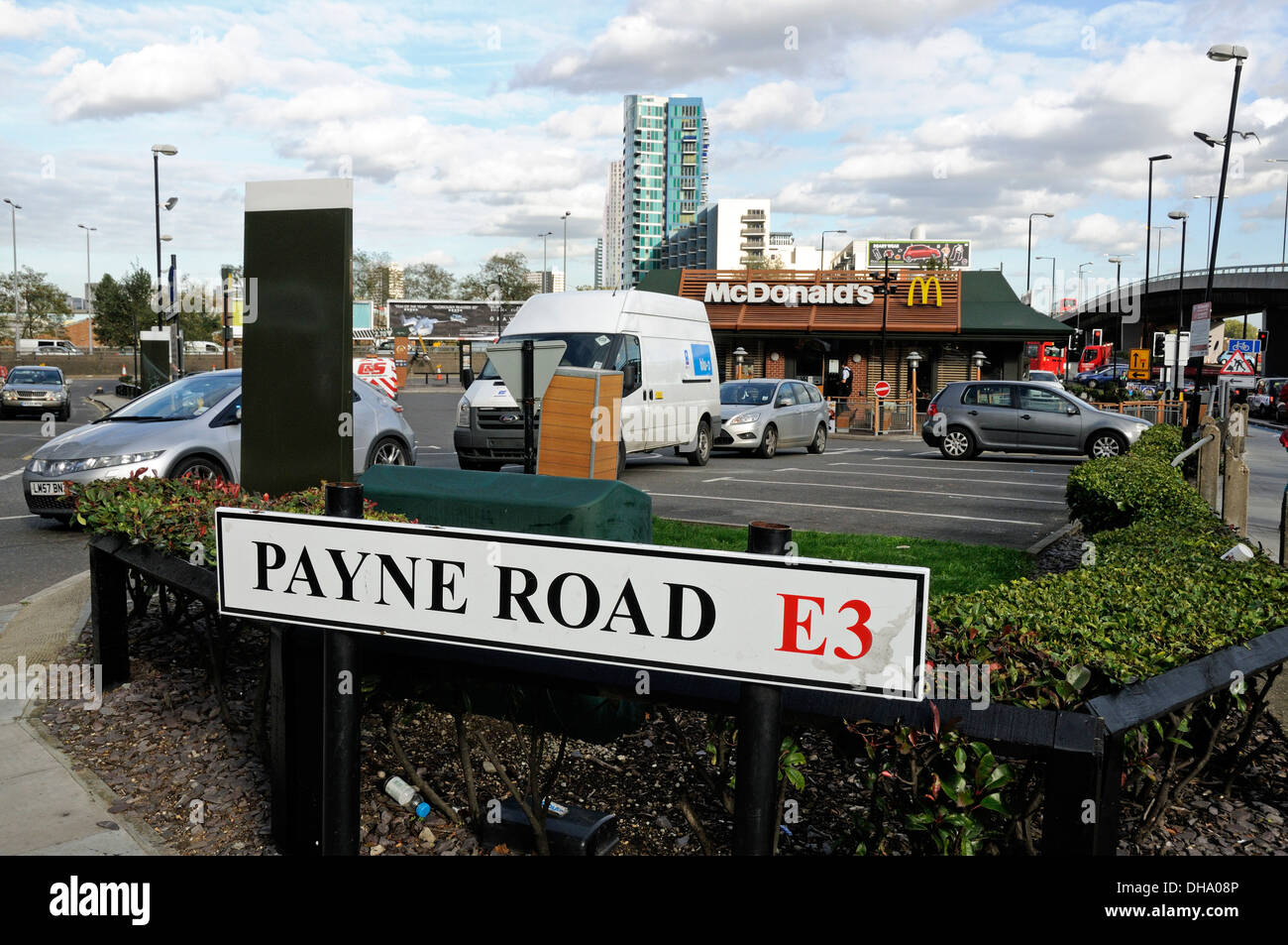 Payne Road E3 sign with McDonald's in background, Bow Flyover, Bow Road, Tower Hamlets London England UK Stock Photo