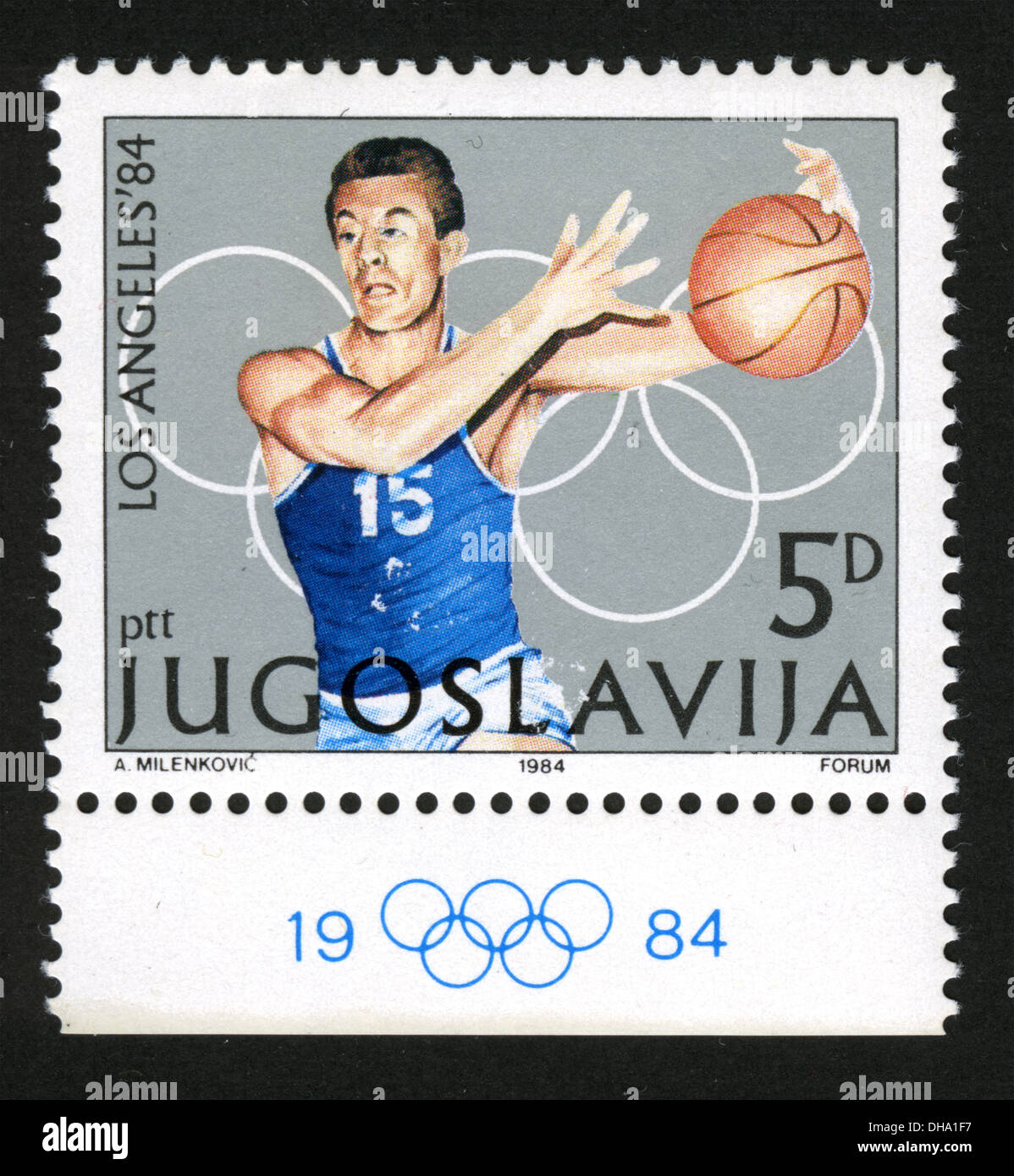 Yugoslavia,post mark,stamp,Olympic Games 1984, Los Angeles, basketball Stock Photo