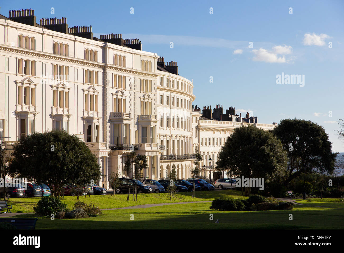 Hove, East Sussex, UK - 4 Nov 2013: Curved terraces of fine architecture in Palmeira Square, Brighton and Hove Stock Photo