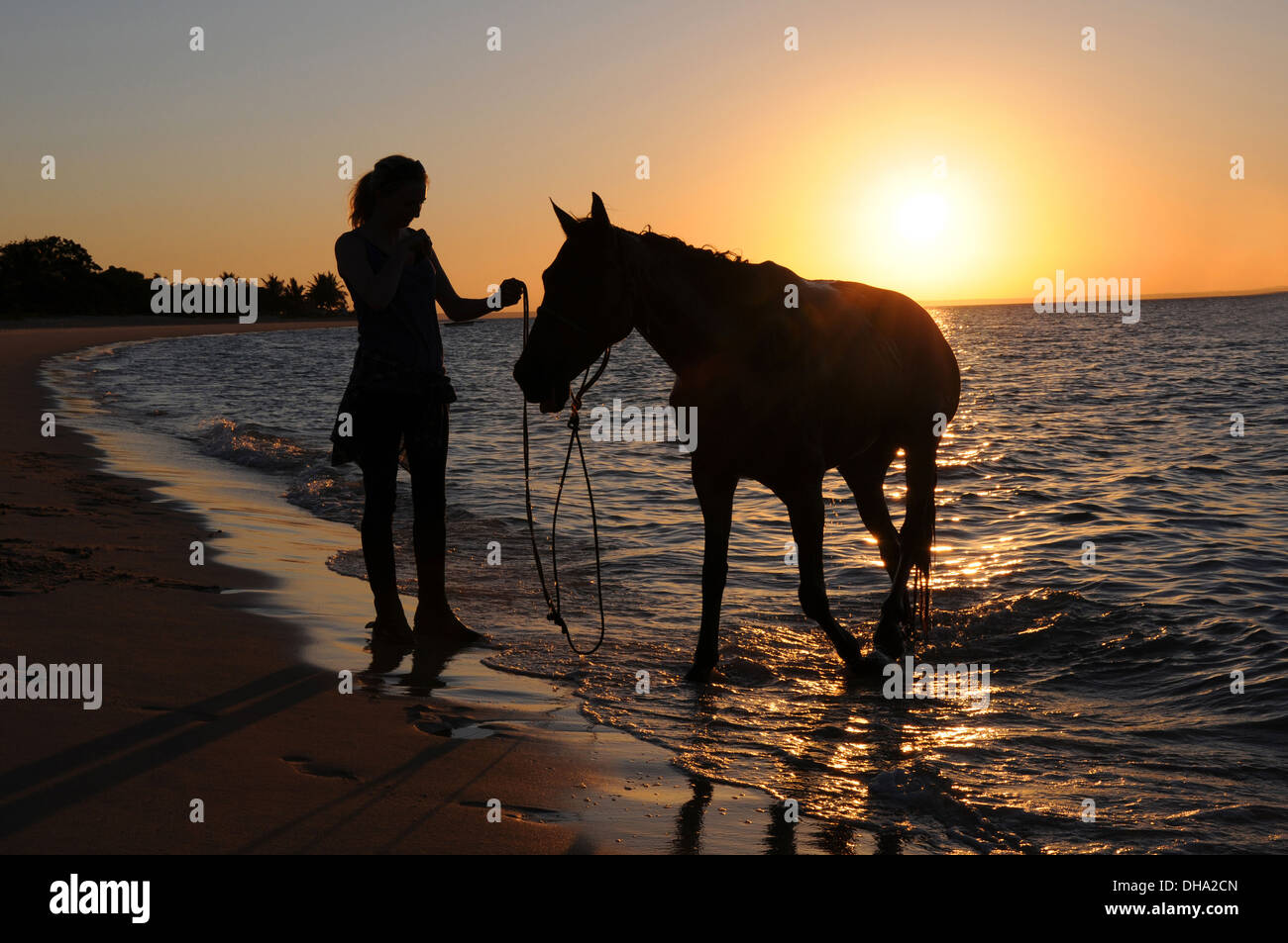 Horse & rider at sunset Benguerra Island Bazaruto Archipelago Mozambique East Africa. Stock Photo