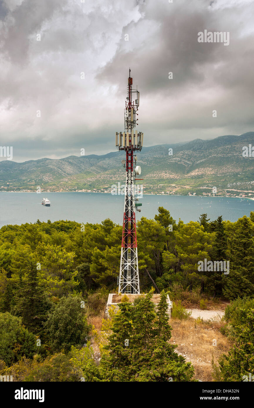 Telecommunications antenna seen from Forteca Korcula tower, Croatia Stock Photo