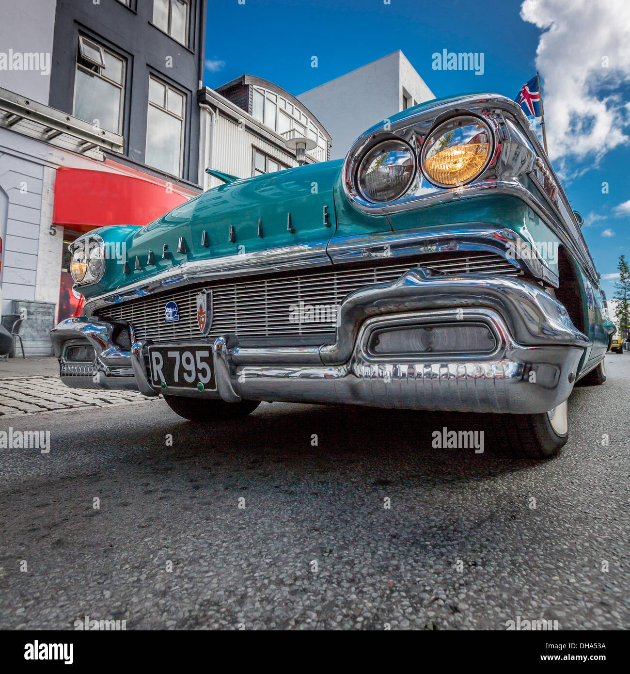 Front end of old Oldsmobile, Reykjavik, Iceland Stock Photo