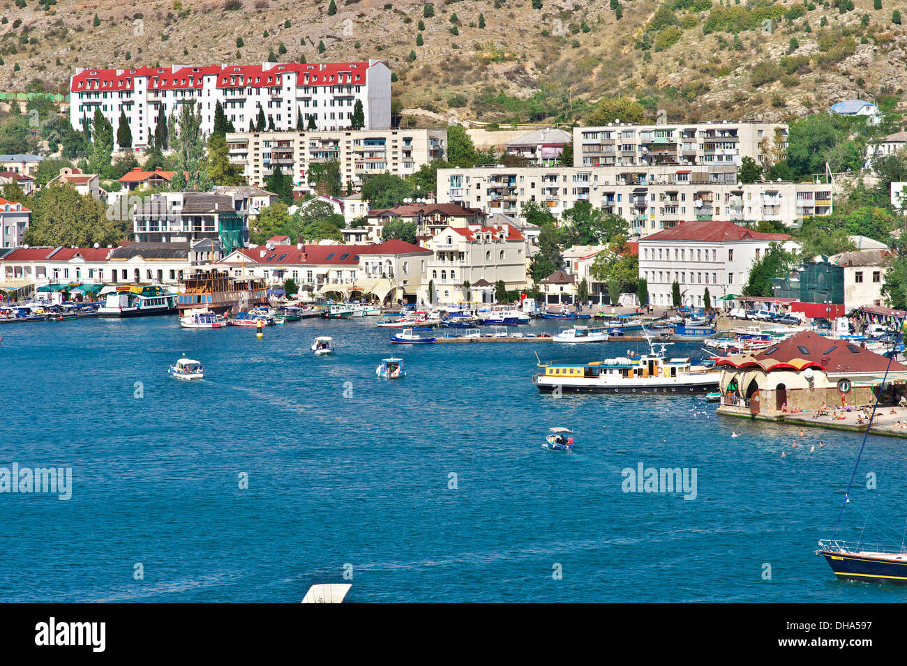 BALAKLAVA, CRIMEA, UKRAINE Bay with boats and seaside view town Stock