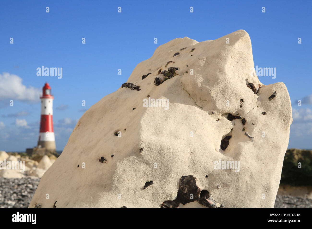 Chalk boulder by Beachy Head Lighthouse Stock Photo