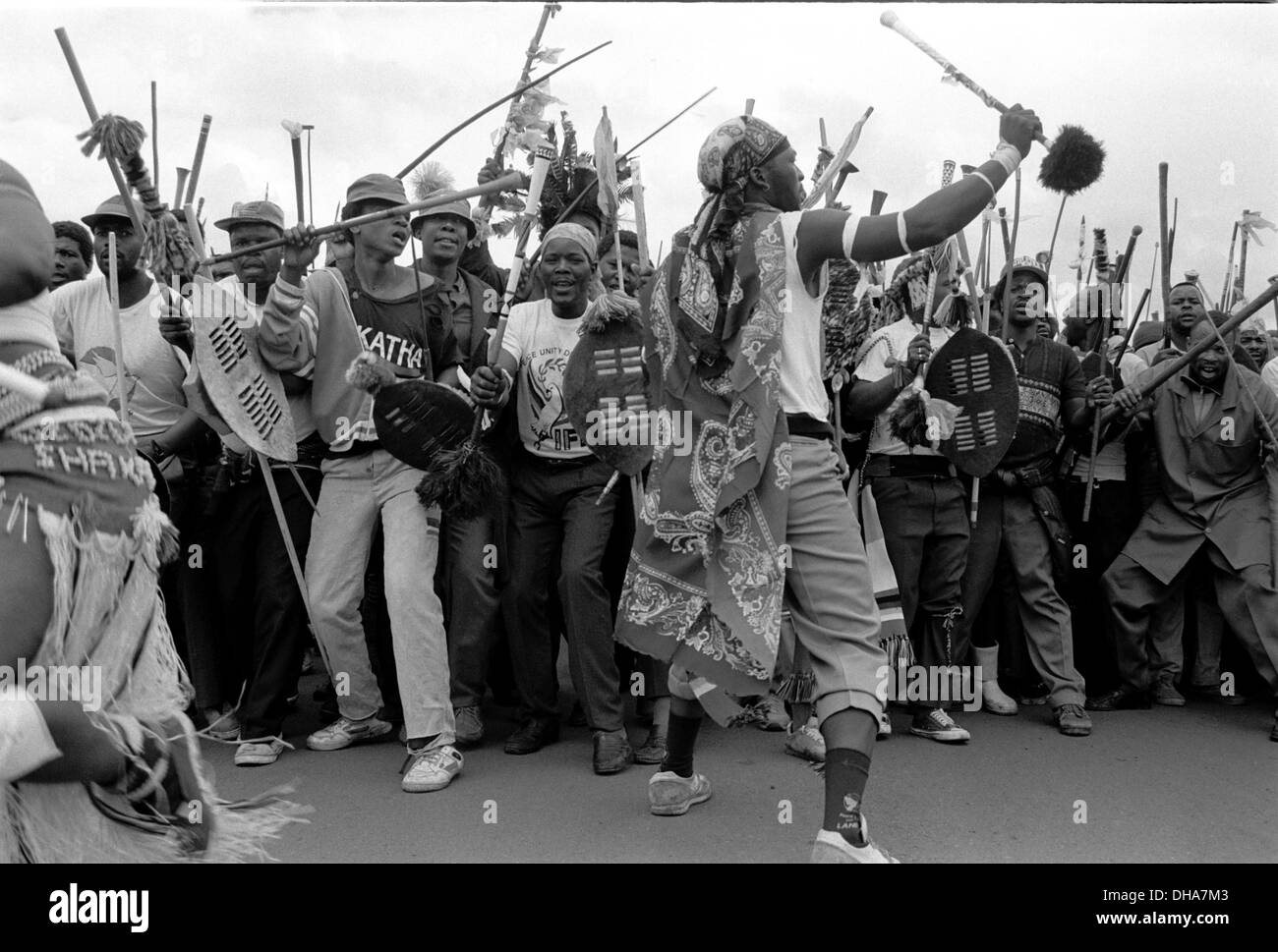 ipjr9301006401993 +- September East rand Johannesburg South Africa. Members of the IFP with their traditional weapons.. A peace Stock Photo