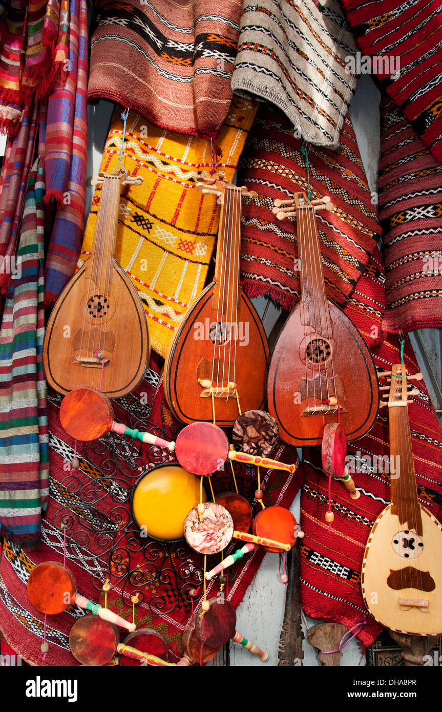 Marrakesh Morocco Musical instrument shop guitar drum Stock Photo