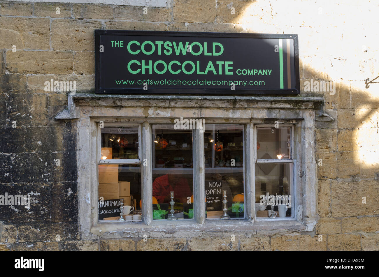 Window display at The Cotswold Chocolate Company shop in the Cotswold town of Stow on the Wold Stock Photo