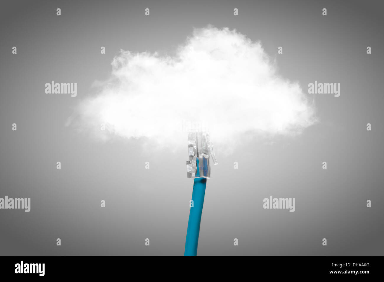 Cloud computing concept. Usb cable is connected to the cloud. Stock Photo