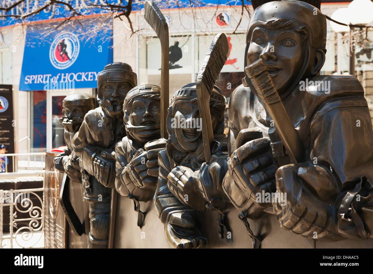 Sculpture Of Kids In Hockey Equipment; Toronto, Ontario, Canada Stock
