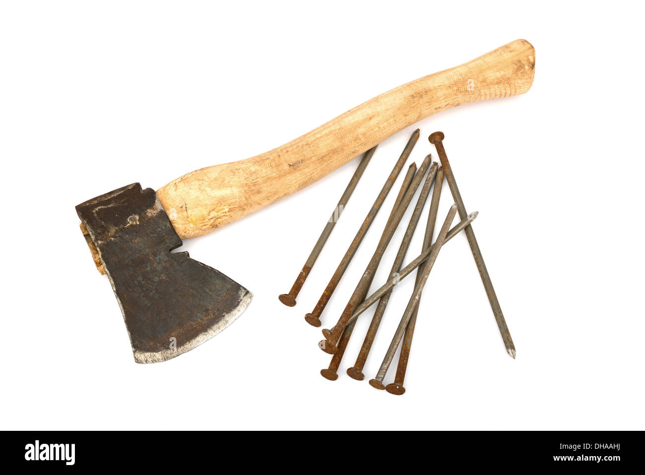 old ax and nails isolated on the white background Stock Photo