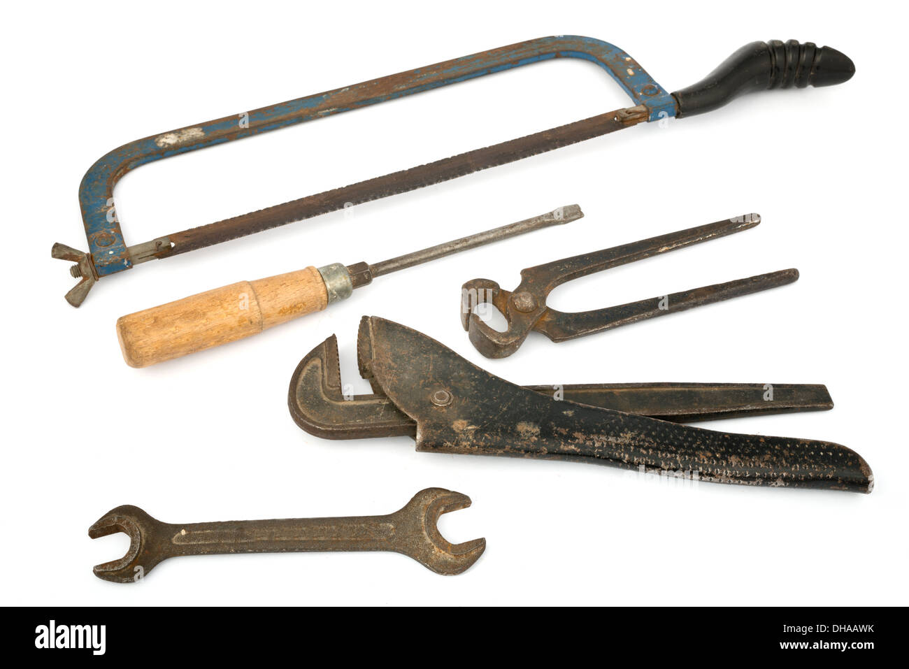 adjustable spanner with old tools isolated on the white Stock Photo