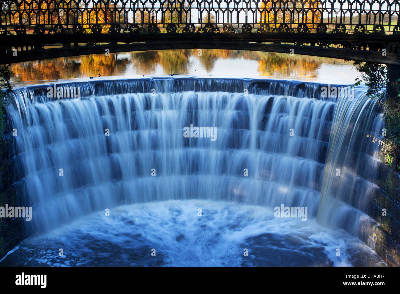 The Weir in Ripley Beck at Ripley Castle North Yorkshire England Stock Photo