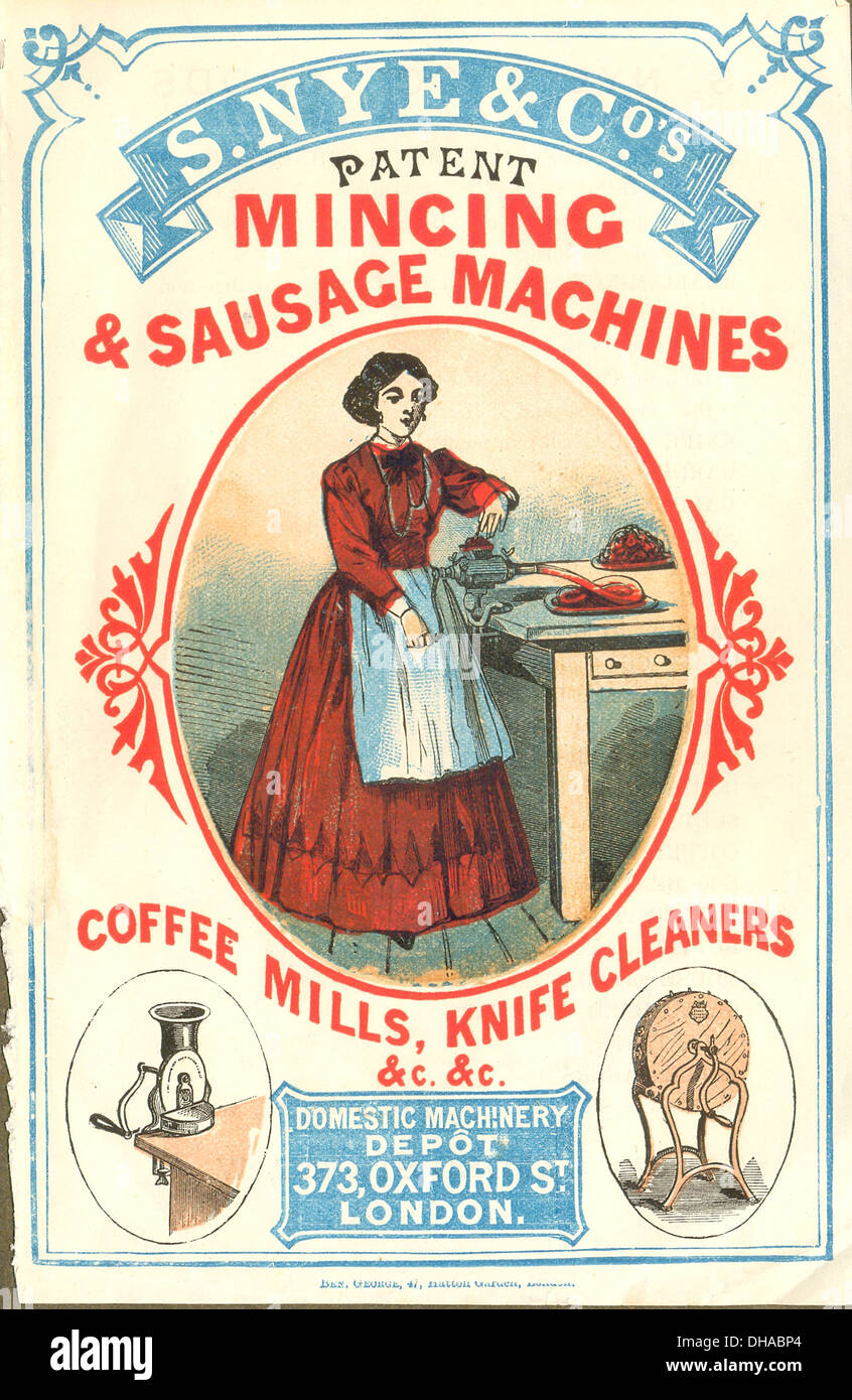 Victorian advertisement for Mincing and Sausage machines circa 1855 Stock Photo