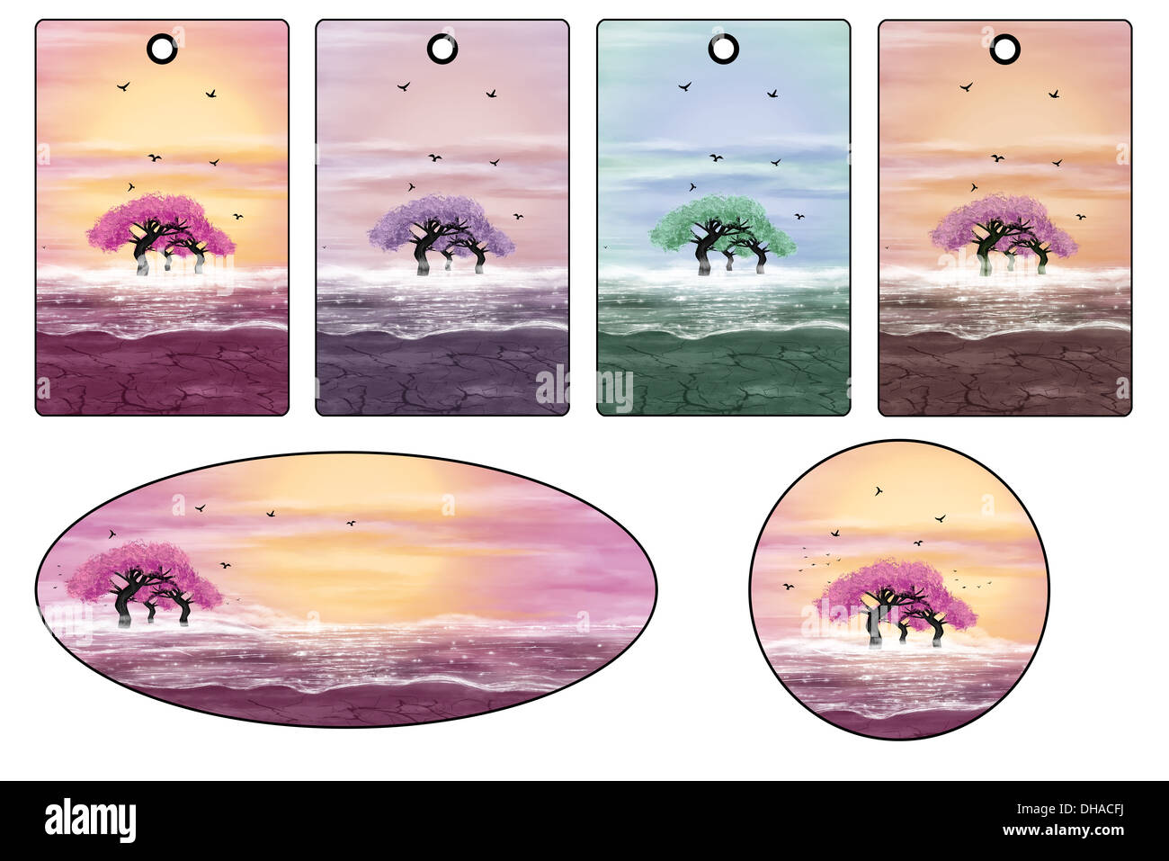 Stickers and labels with pink trees. Fantasy landscape. Digital art. Stock Photo