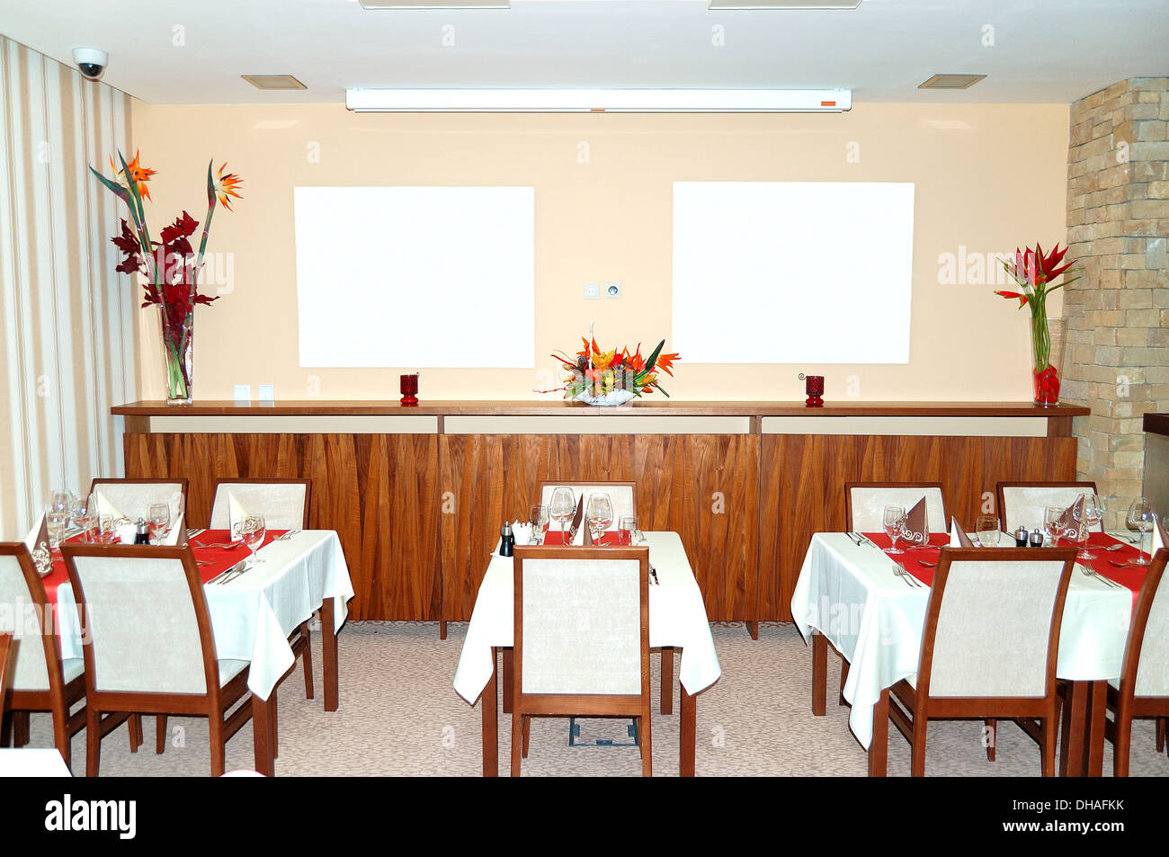 Restaurant interior at popular hotel, Strbske Pleso ski resort, Jasna, Slovakia Stock Photo