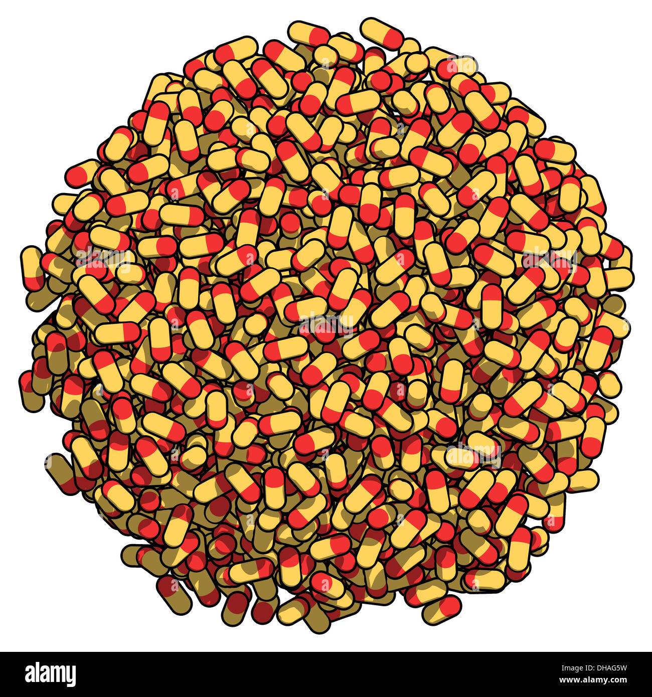 Two-piece capsules (pills), arranged in a sphere. Rendering, red and yellow on white background. Stock Photo