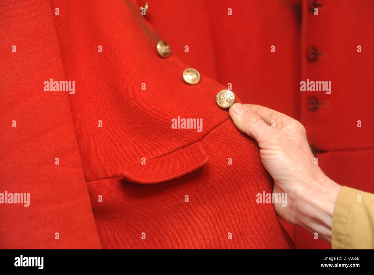 British fox hunting hounds red coat and buttons. Stock Photo