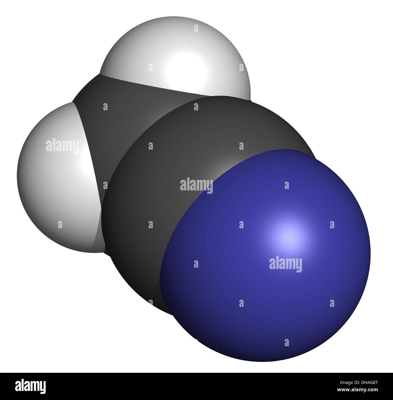 Acetonitrile (CH3CN, ACN) molecule, chemical structure. Commonly used solvent. Atoms are represented as spheres. Stock Photo