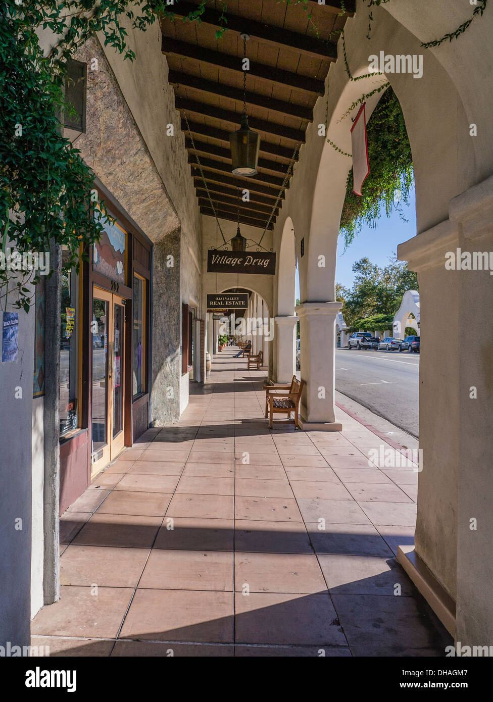 Looking down the interior walkway of the historic arcade in Ojai, California known as "The Shangri-La of Southern California." Stock Photo