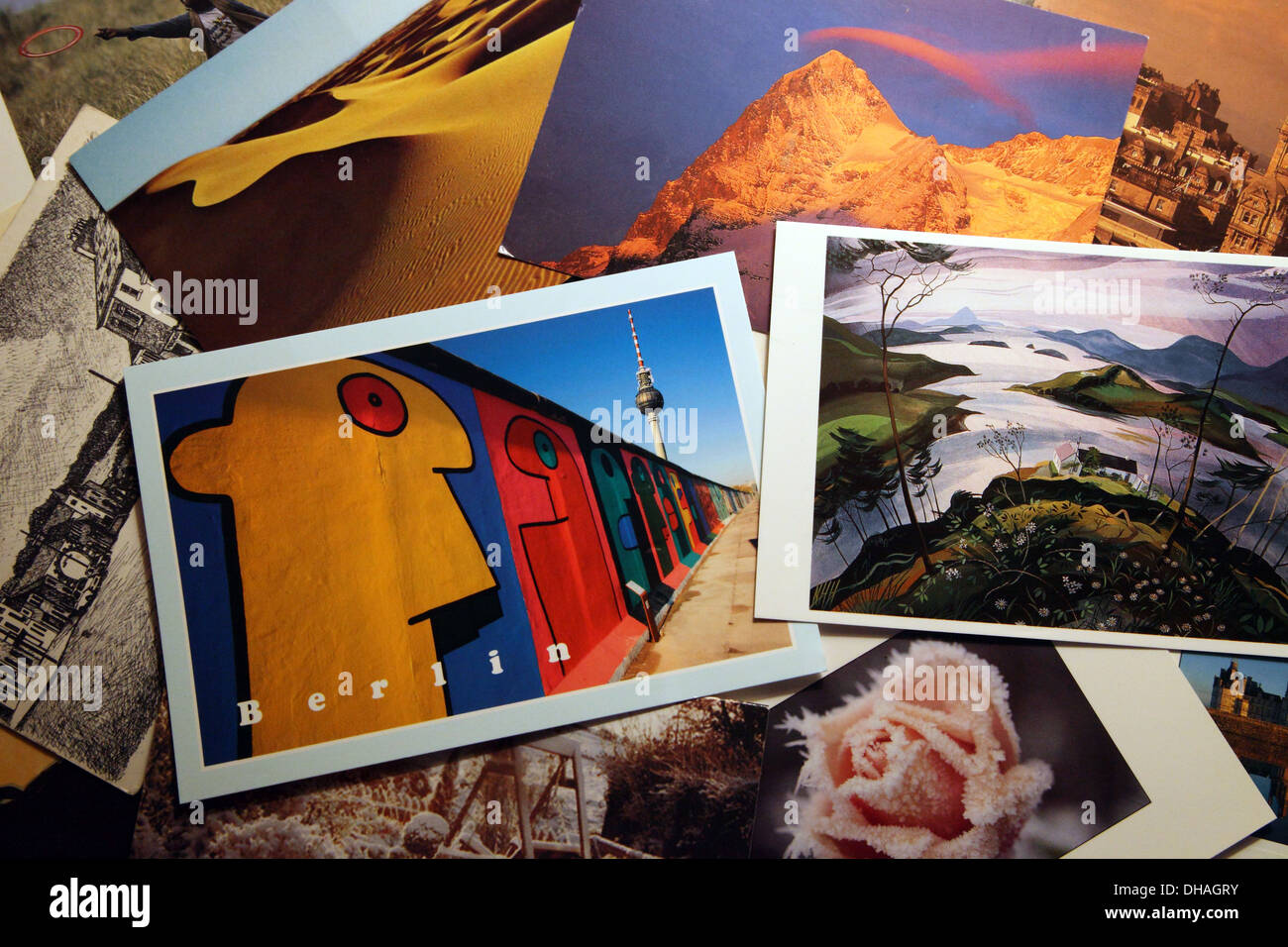 assortment of picture postcards sent from around the world Stock Photo