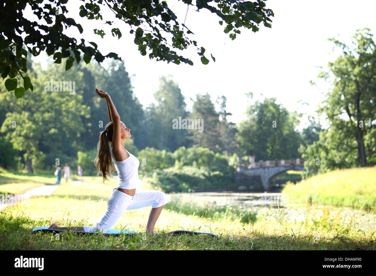 yoga woman on green park background Stock Photo Alamy