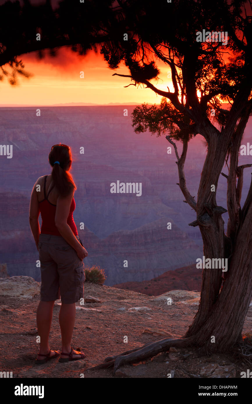 A visitor takes in the sunset at Hopi Point, South Rim, Grand Canyon National Park, Arizona. (Model Released) Stock Photo