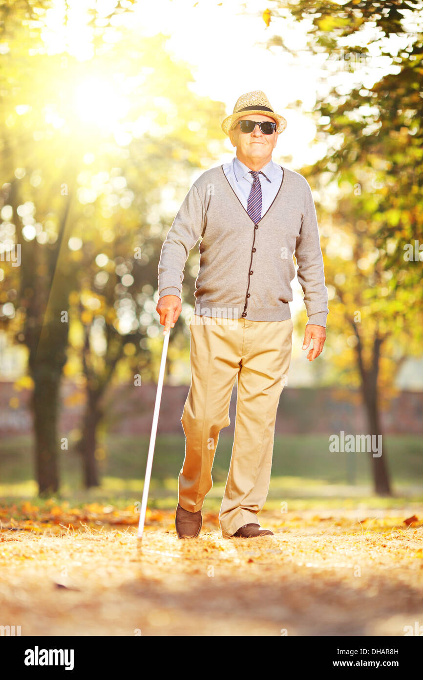 Blind mature man holding a stick and walking in a park on sunny day Stock Photo