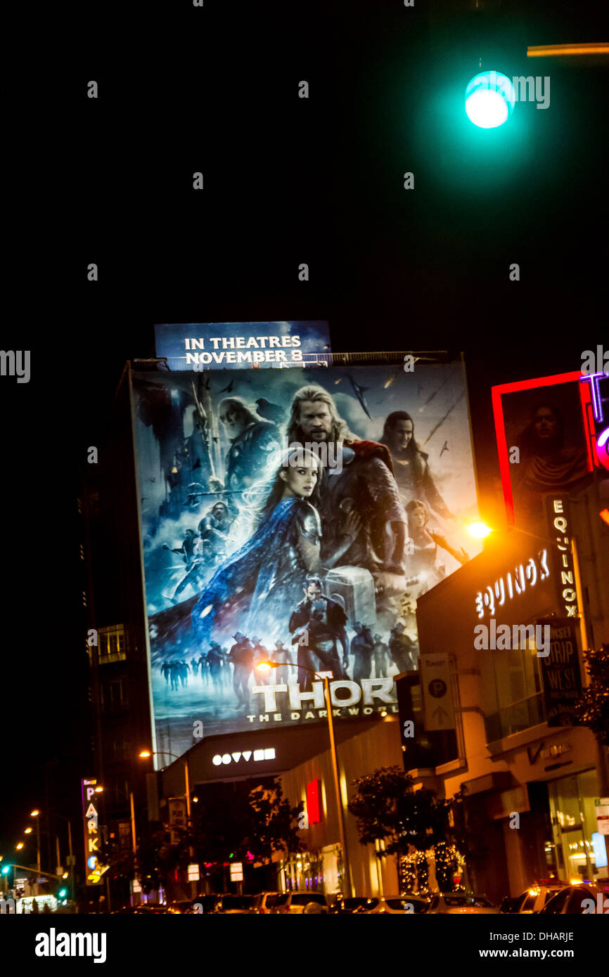 Sunset Blvd and a very large advertisement for Thor, The Dark World on a building which opens November 8 2013 Stock Photo