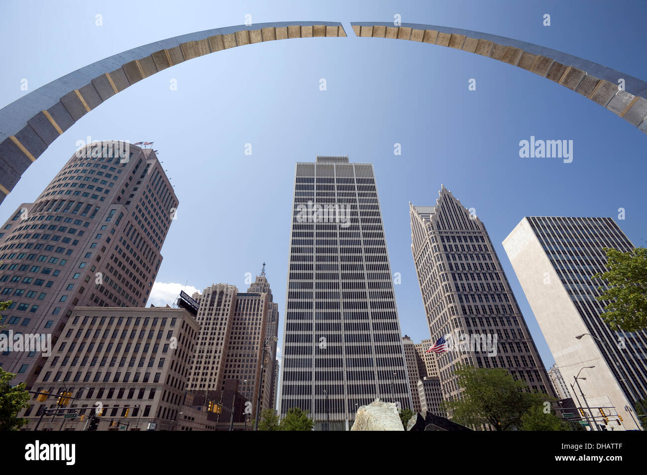 An Arch Sculpture And Skyscrapers In Downtown Detroit; Detroit, Michigan, United States Of America Stock Photo