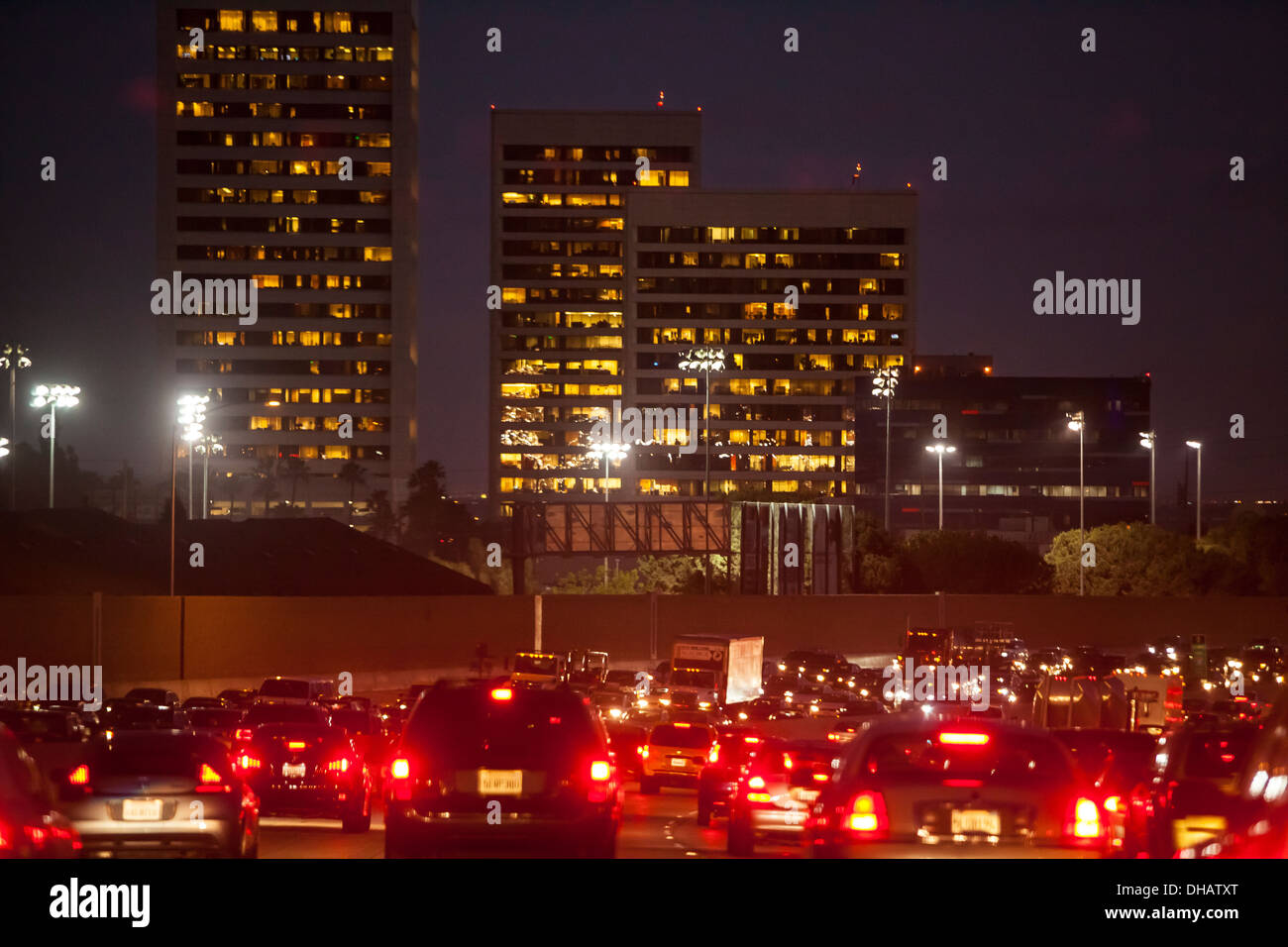 The 405 Freeway, traffic, and high rise buildings on Wilshire Blvd Stock Photo