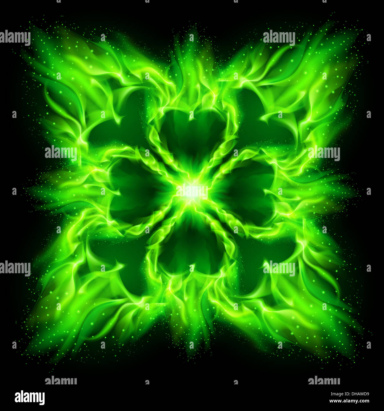 Green fire Gothic pattern on black background. Stock Photo