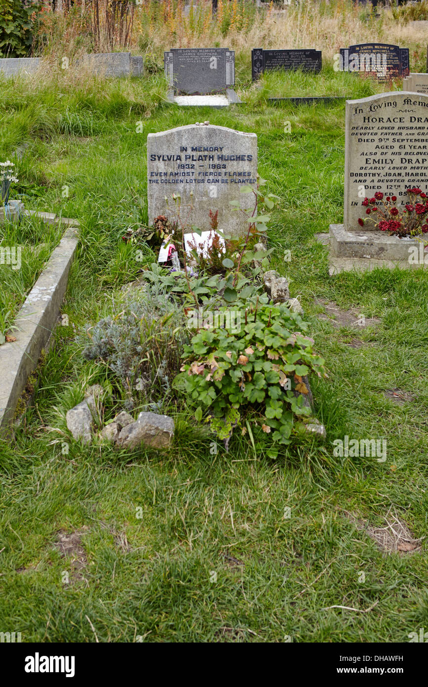 A sadly unkempt Sylvia Plath's grave at Heptonstall UK Stock Photo