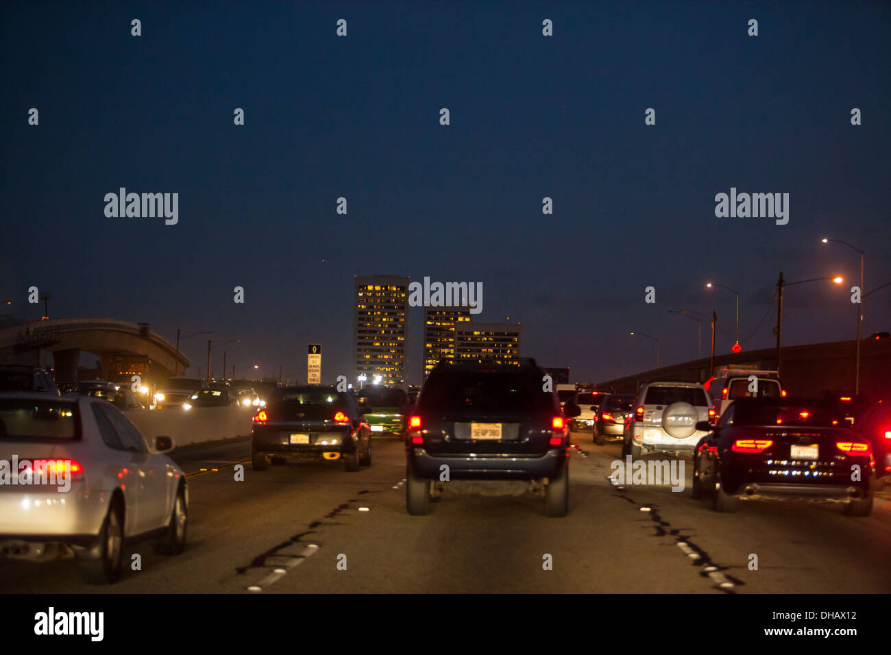 The 405 Freeway, traffic, and high rise buildings on Wilshire Blvd Stock Photo