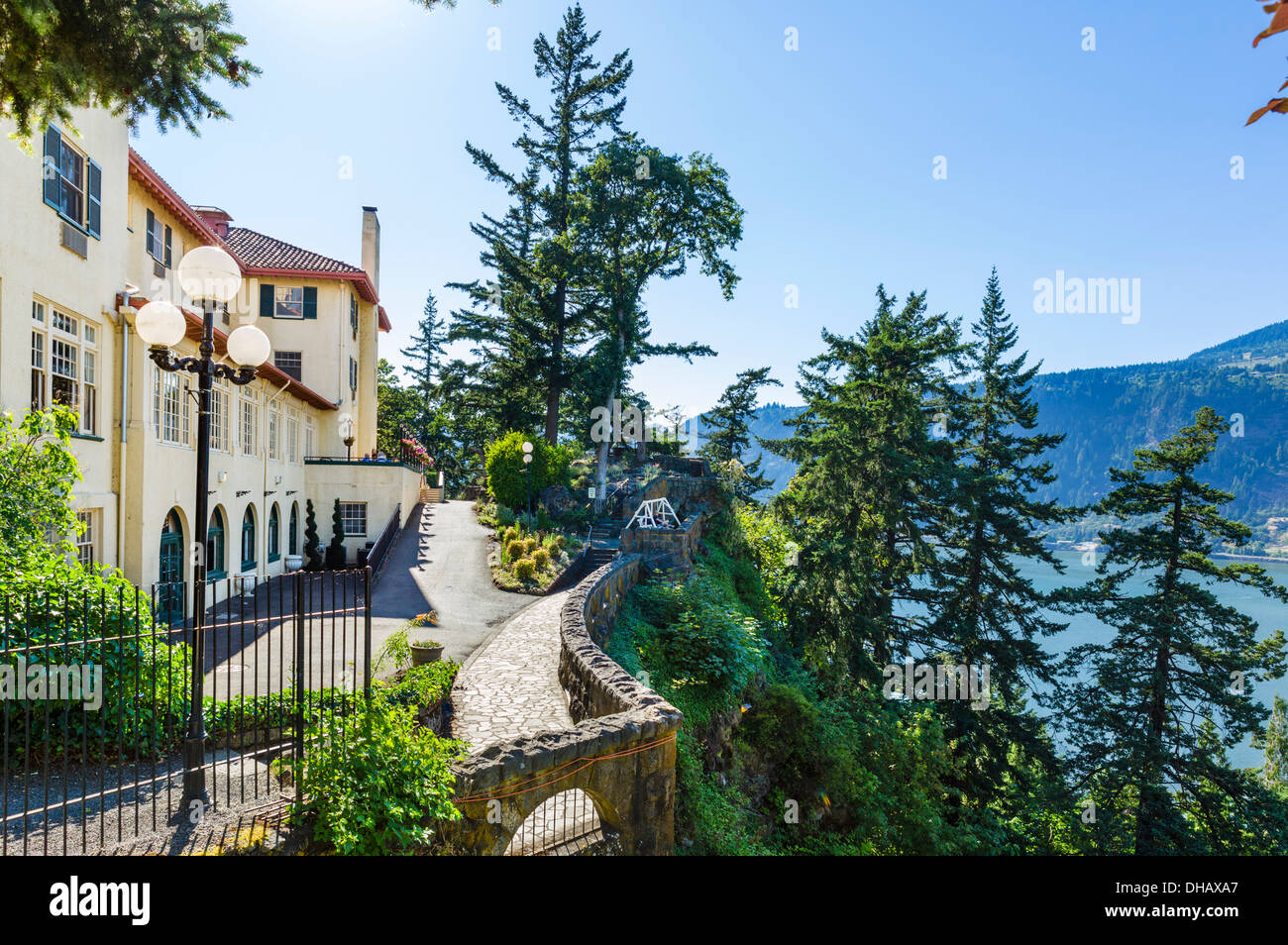 Rear of the historic Columbia Gorge Hotel in the town of Hood, River, Columbia River Gorge, Oregon, USA Stock Photo