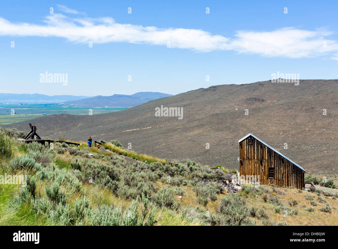 Lode mine millhouse at the National Historic Oregon Trail Interpretive Center, Baker, Oregon, USA Stock Photo