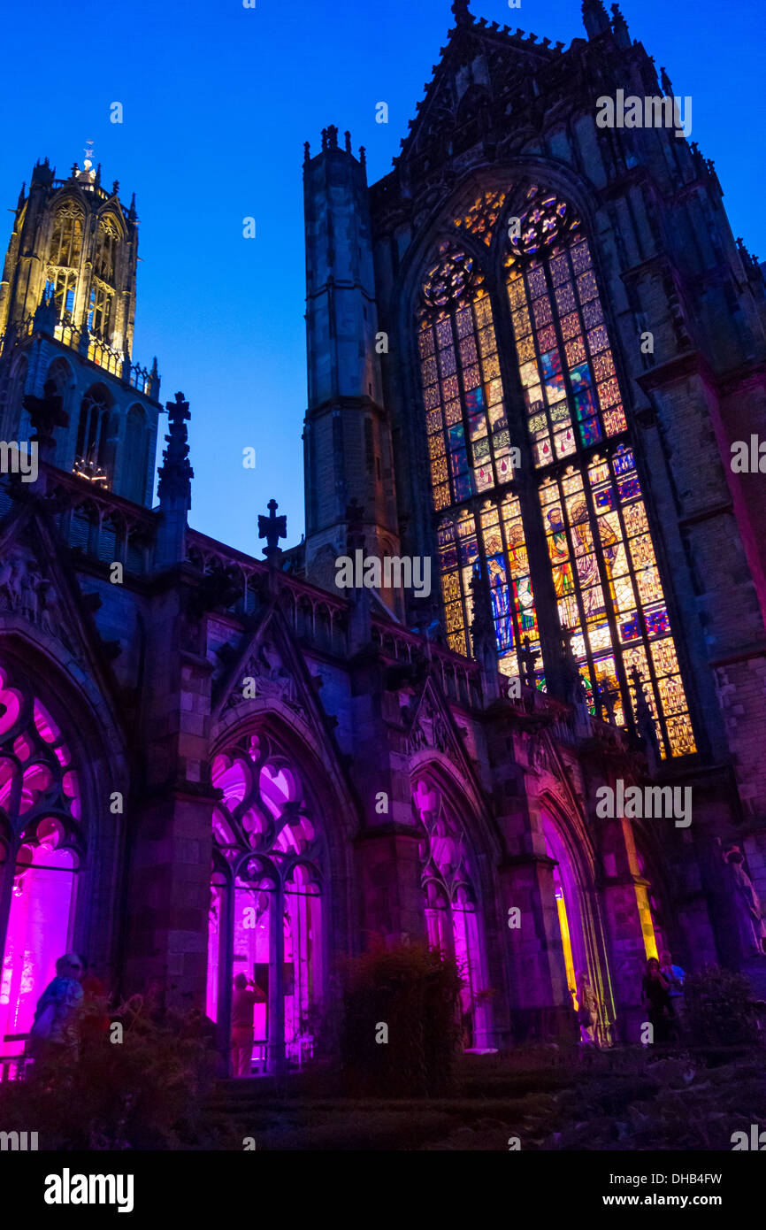 Dom Church and Dom Tower of Utrecht. Domkerk and Domtoren. St. Martin's Cathedral. Seen from the Pandhof cloisters at night. Stock Photo