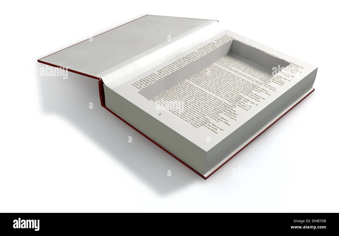 A red hardback book with an empty cut away cavity in the pages for concealing something on an isolated background Stock Photo
