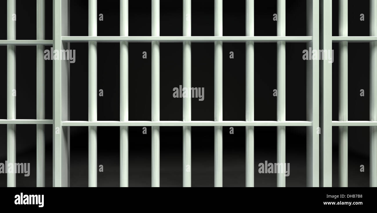 A front view of white iron jail cell bars and a closed sliding bar door