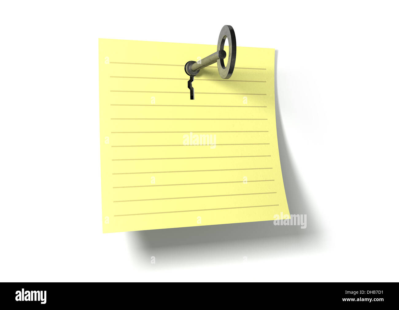 A yellow notepad page peeling upwards with a punched out key hole and a metal key inserted in it on an isolated background Stock Photo