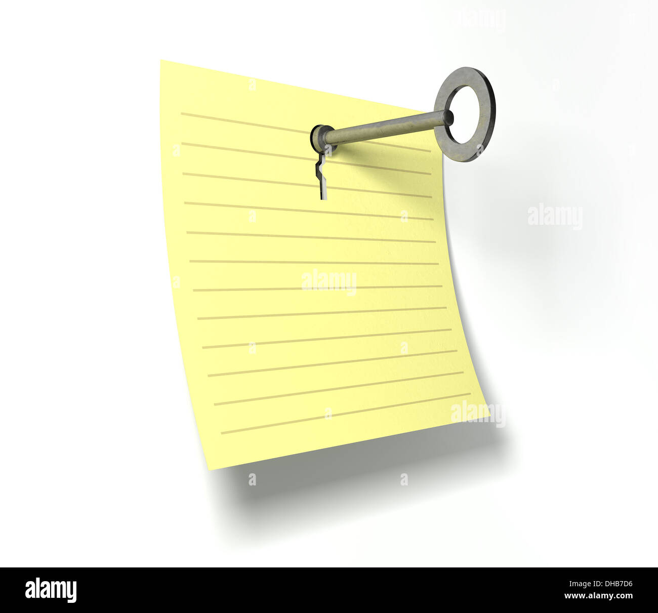 A yellow notepad page peeling upwards with a punched out key hole and a metal key inserted in it on an isolated background Stock Photo