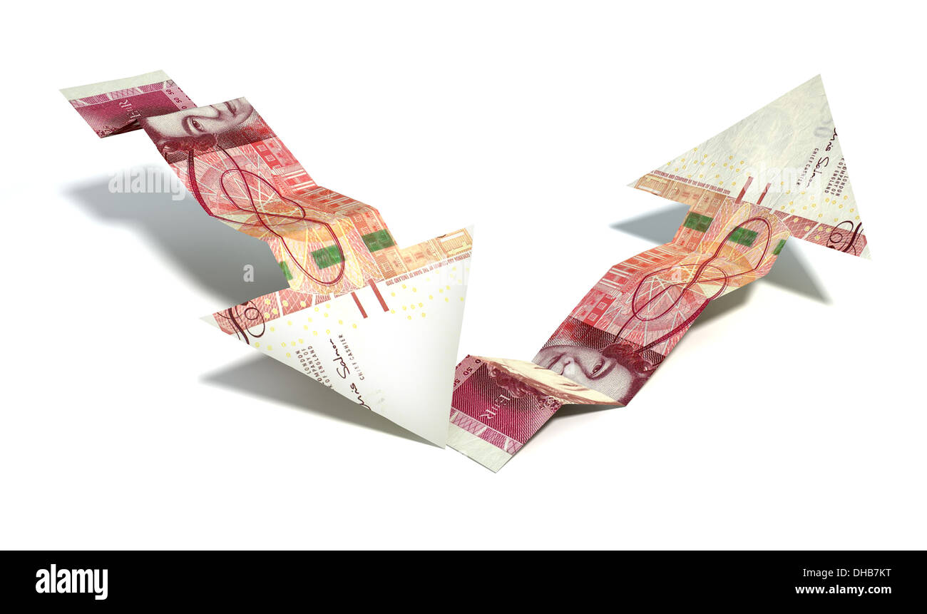 Two arrow graph trend shaped 100 pound bank notes showing an economic downward trend recovering to an upward trend on an isolate Stock Photo