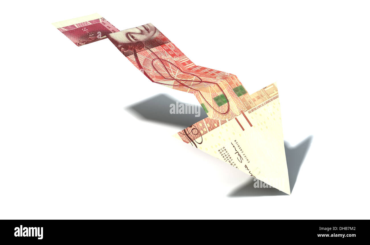 An arrow graph trend shaped 100 pound bank note showing an economic downward trend on an isolated background Stock Photo