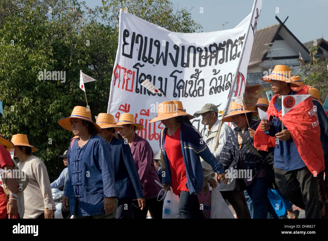 Activists fill the streets to voice their opposition to a bi-lateral US Thailand Free Trade Agreement in Chiang Mai, Thailand. Stock Photo