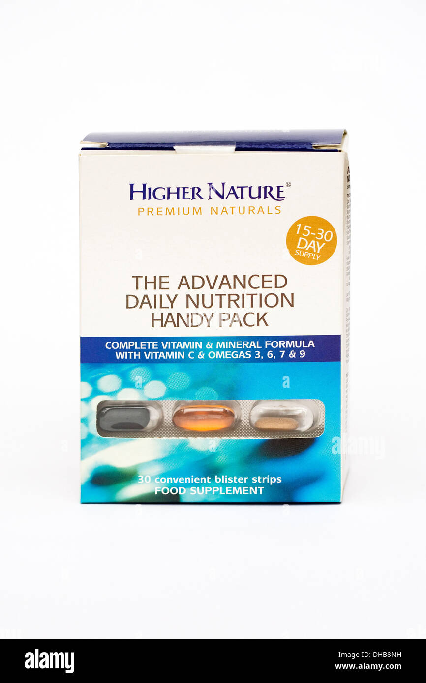 Higher Nature Advanced Daily Nutrition pack. Vitamin and mineral supplement pack. Stock Photo