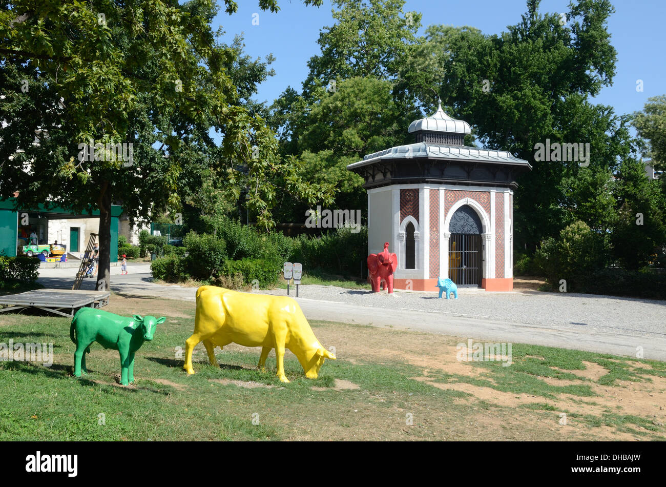 Oriental-Style or Mughal-Style Elephant House & Plastic Resin Animals at Marseille Funny Zoo Palais Longchamp Gardens Marseille France Stock Photo