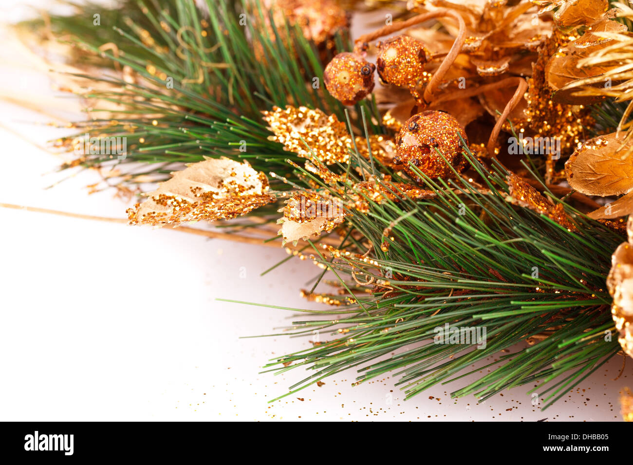 Christmas tree branch with cones on white background Stock Photo - Alamy