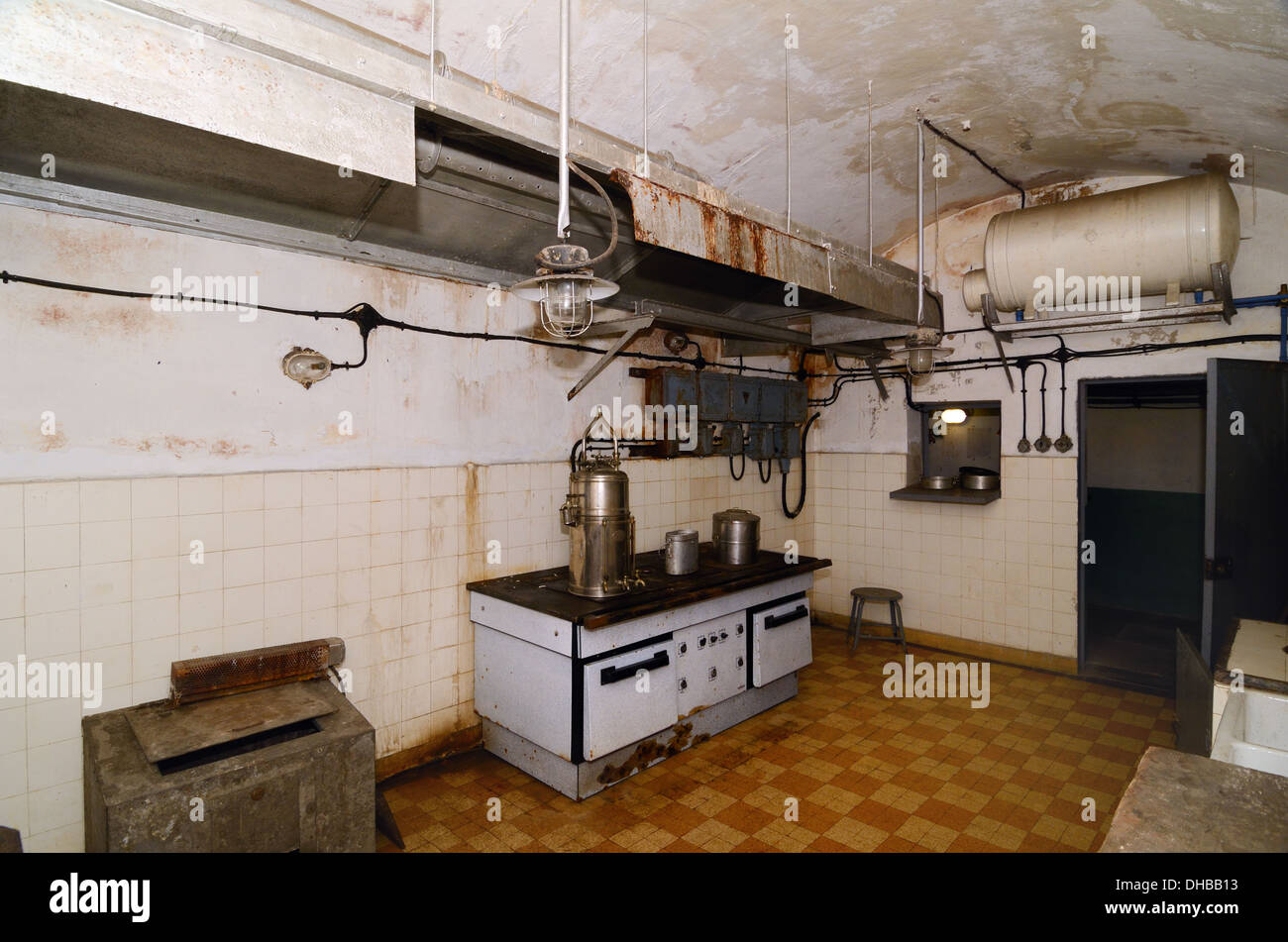 Old Military Kitchen and Vintage Cooker or Stove in the Abandoned Underground Fort Saint Gobain Modane Maurienne Savoie France Stock Photo